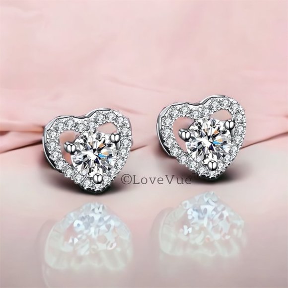 Certified 1ct. t.w. Diamond Moissanite Heart Frame Halo Stud Earrings - Picture 4 of 14